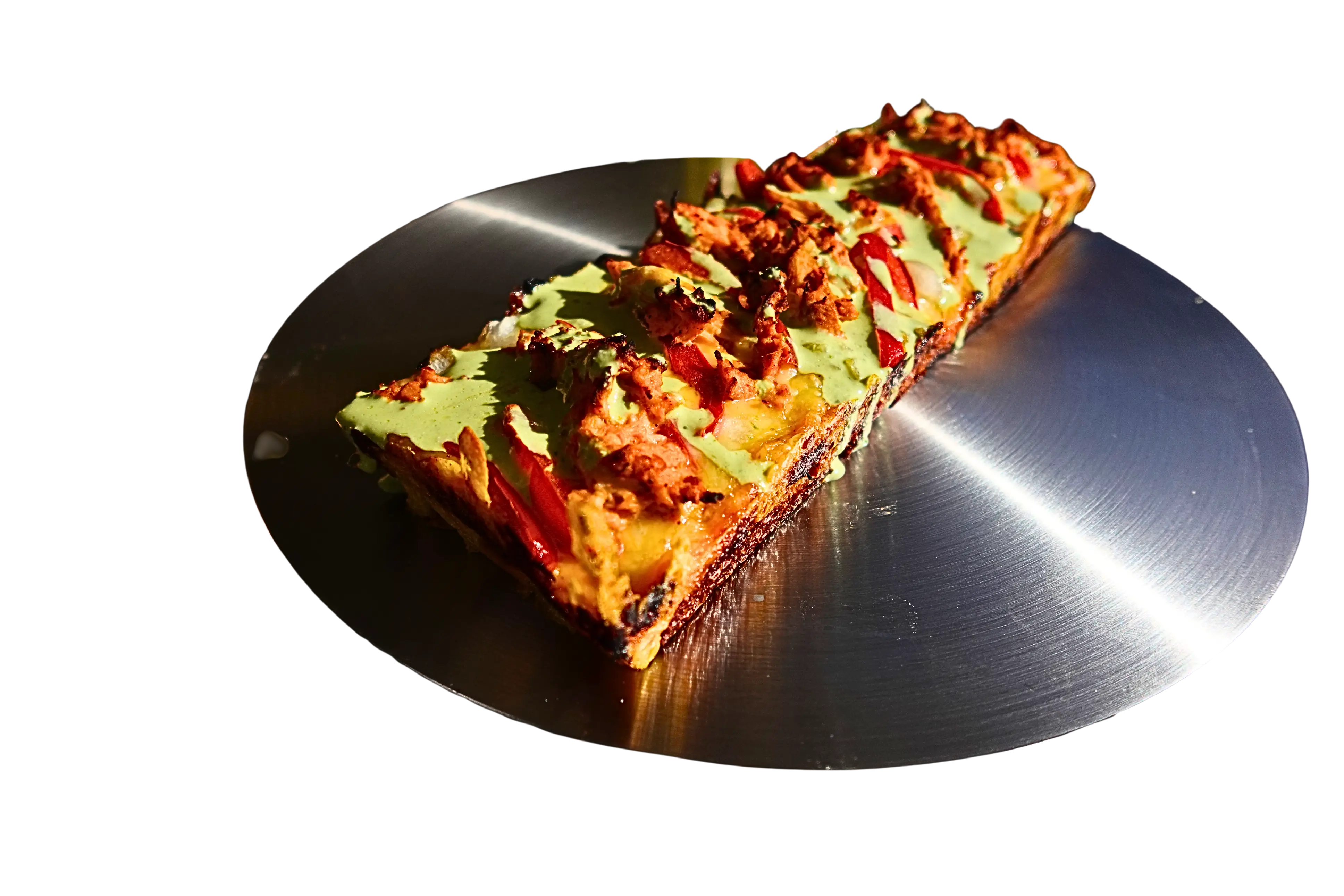 Bollywood Blockbuster, tandoori chicken Detroit-Sicilian slice